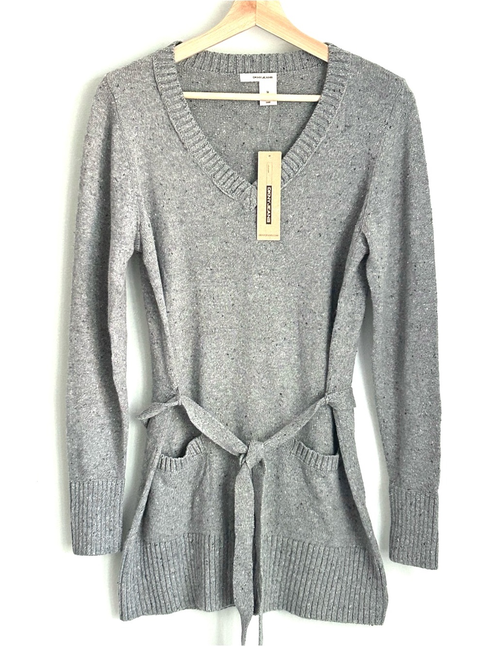 NWT DKNY Jeans Grey Speckled Angora Blend Belted Sweater, Size M